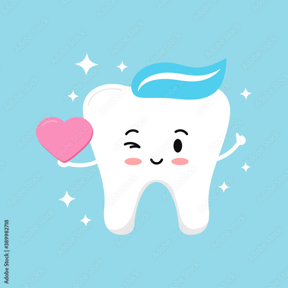 Cute tooth boy with pink heart in hand and sparkles. Flat design cartoon smiling dentat character in love vector illustration. Happy Valentines Day concept - love tooth hold heart and winks. Cute tooth boy with pink heart in hand and sparkles. Flat design cartoon smiling dentat character in love vector illustration. Happy Valentines Day concept - love tooth hold heart and winks.