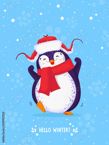 Cute dancing penguin in winter hat with ear flaps. Blue blackground with snowflakes and stars. Hello winter.
