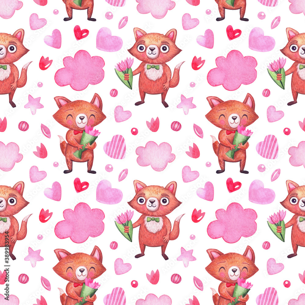Watercolor pattern with cute foxes for the holidays, valentine's day, birthday. Background for party attributes