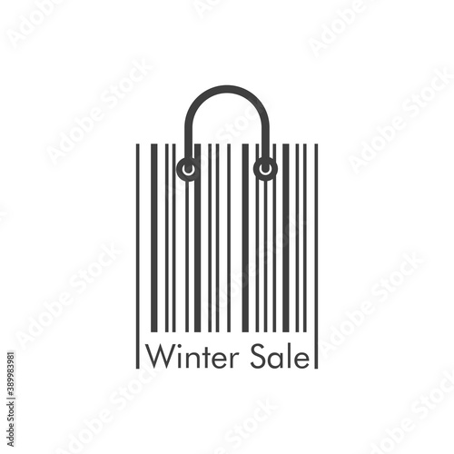 Rebajas de invierno. Logotipo lineal con texto Winter Sale en código de barras como bolsa de la compra en color gris