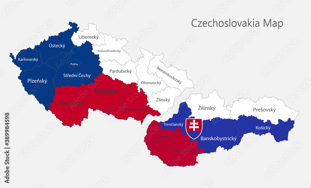 Map of the Czechoslovakia map in the colors of the flag with administrative divisions vector Map of the Czechoslovakia map in the colors of the flag with administrative divisions vector