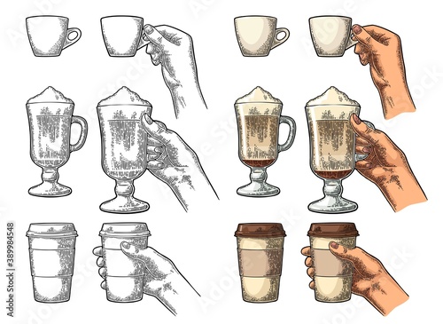 Hands holding a cup of coffee holder and glass of latte