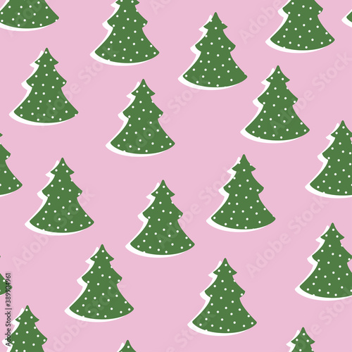Christmas trees flat vector seamless pattern. Green fir tree on pink background. Winter texture with cartoon color icons. New year print. Creative hand drawn textures for winter holidays