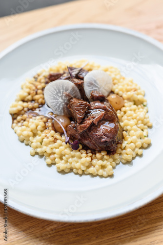 Braised Beef Cheeks with Israeli Couscous as Side Dish