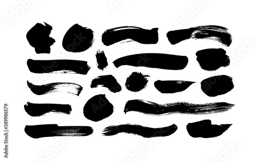 Vector black paint  ink brush strokes and lines. Dirty grunge design element  box or background for text. Grungy black smears and rough stains  lines. Hand drawn ink illustration isolated on white