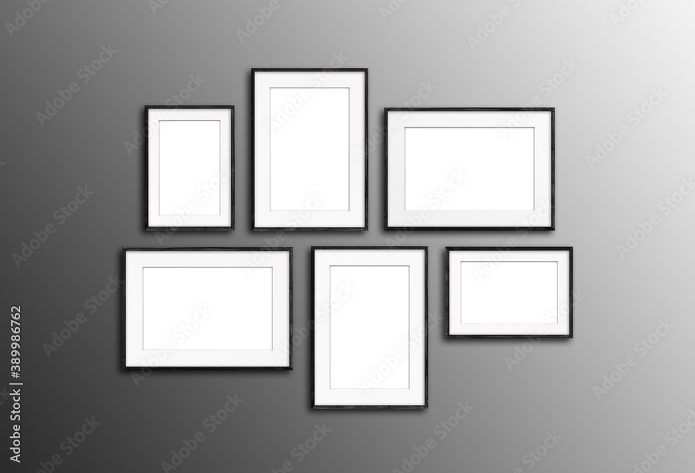 Black photo frames set isolated on dark background, six frameworks mock up Black photo frames set isolated on dark background, six frameworks mock up