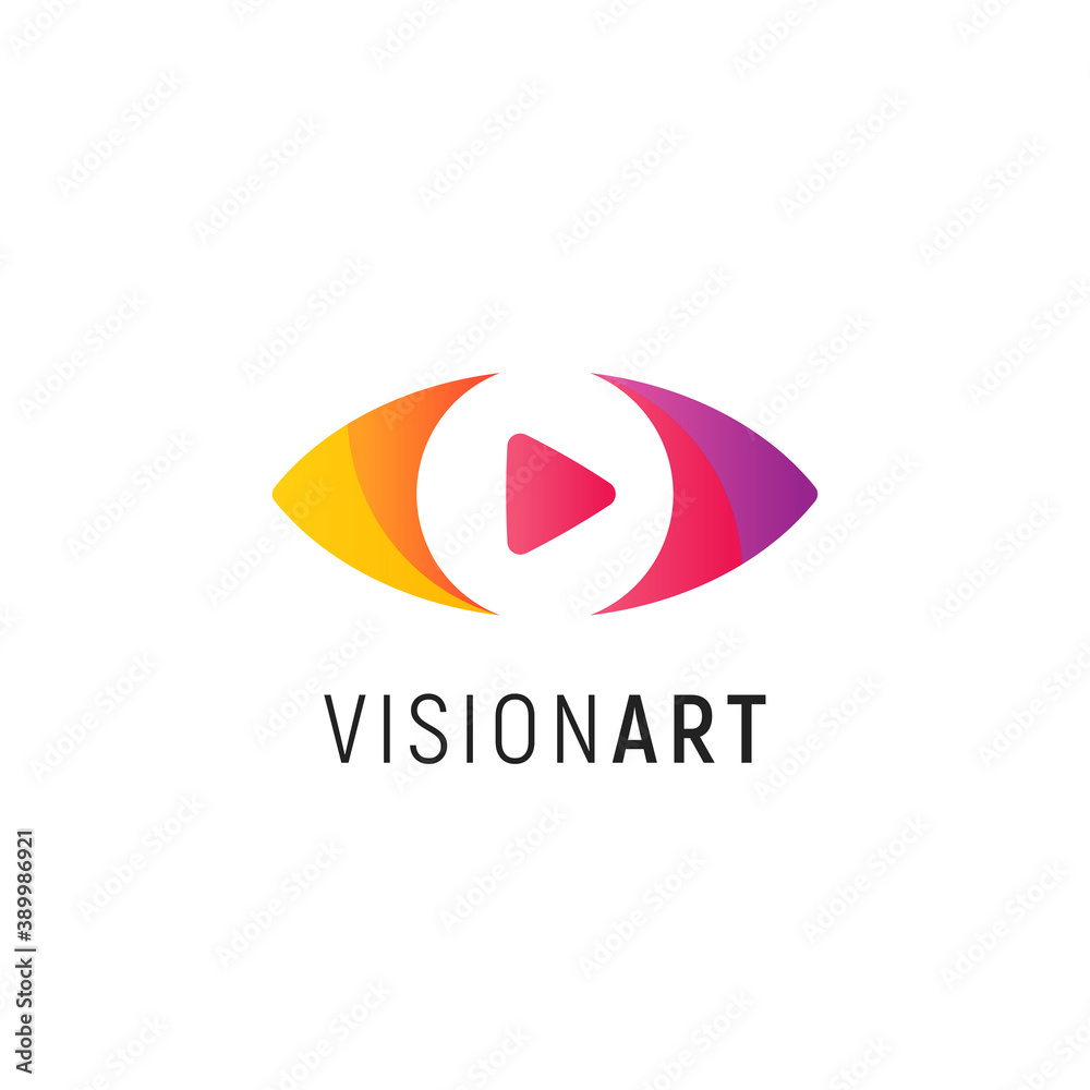 Abstract eye isolated icon on white background. Modern film and cinema flat colorful cartoon style vector logo concept. Play button for digital technology and media Abstract eye isolated icon on white background. Modern film and cinema flat colorful cartoon style vector logo concept. Play button for digital technology and media