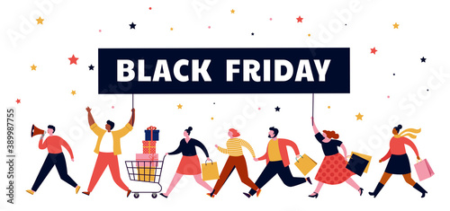 Black friday, mega sale banner, scene with a crowd, women and men running with shopping bags. Sale concept design