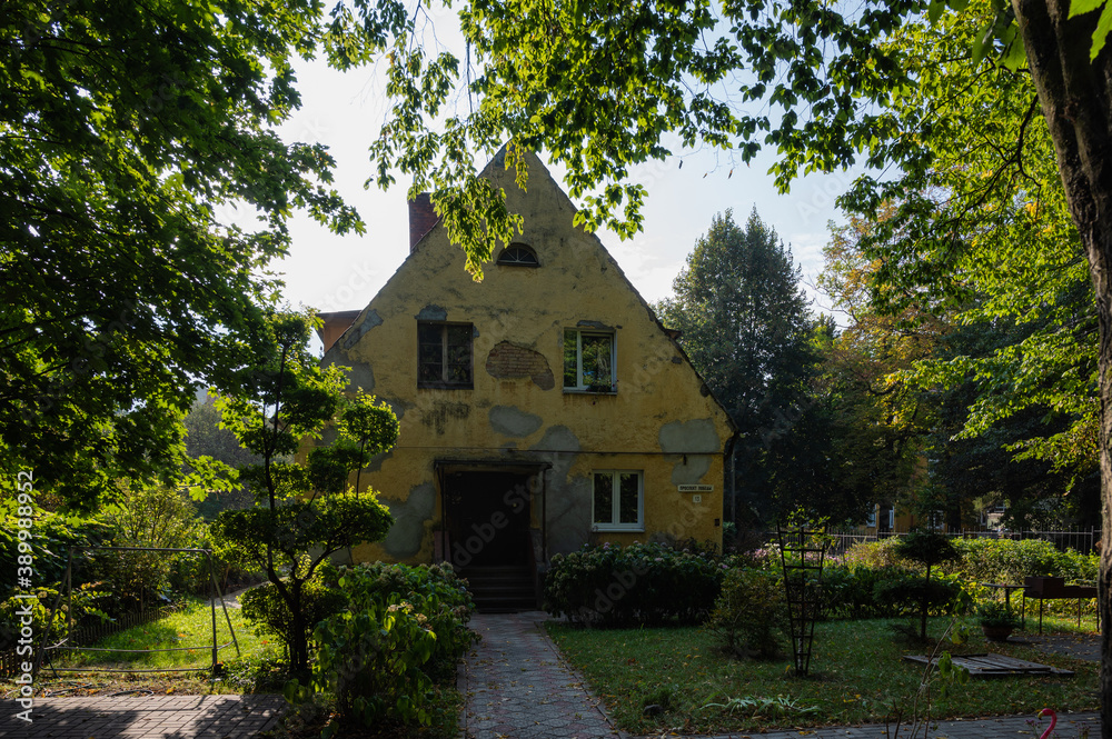 Old uninhabited house with damaged plaster and broken windows surrounded by trees and bushes on a sunny day Old uninhabited house with damaged plaster and broken windows surrounded by trees and bushes on a sunny day