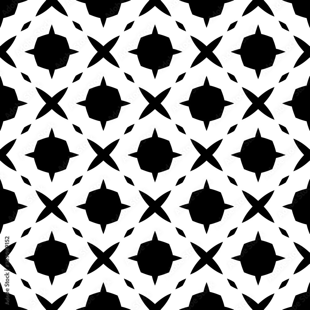 Fototapeta premium Black, white pattern, geometric wallpaper , seamless texture with flat floral ornament, decorative illustration with simple elemets