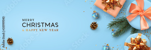 Christmas banner. Background Xmas design of realistic blue gift box, 3d render pine branch and cone, bauble ball, glitter gold confetti. Horizontal christmas poster, greeting card, headers for website