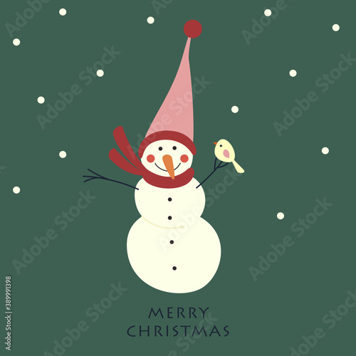 Christmas card with a funny snowman and a bird. Vector illustration.