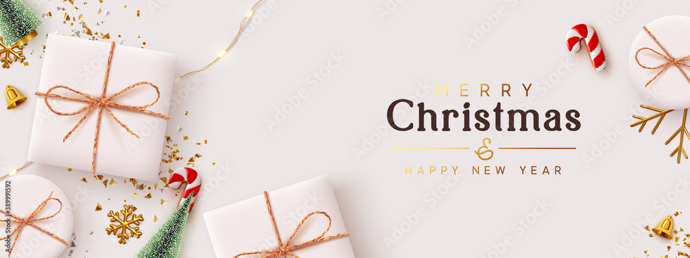 Christmas banner. Background Xmas design of realistic white gift box, 3d render decorative holiday objects, Horizontal poster, greeting card, headers for website. Merry Christmas and Happy New Year. - obrazy, fototapety, plakaty 