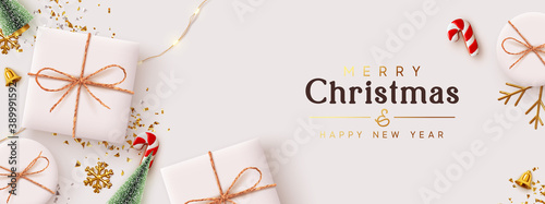 Christmas banner. Background Xmas design of realistic white gift box, 3d render decorative holiday objects, Horizontal poster, greeting card, headers for website. Merry Christmas and Happy New Year.