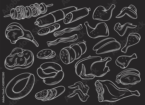Meat products on black chalkboard, vector illustrations hand drawn set for packaging design
