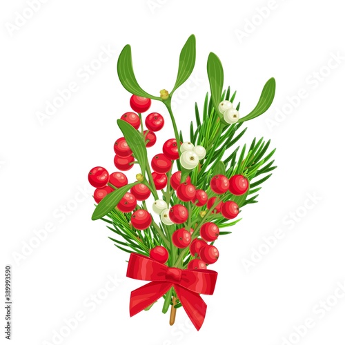 Christmastime decoration with spruce twig, holly berries and mistletoe, vector realistic illustration isolated on white