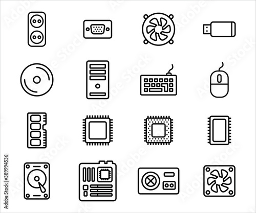 Simple Set of computer component and peripheral Related Vector icon graphic design. Contains such Icons as processor, power supply, fan, keyboard, mouse, ram and case
