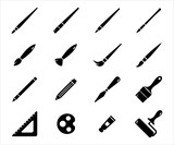 Simple Set of painting art supply Related Vector icon graphic design. Contains such Icons as paint brush, pencil, pen, blade, mop, rigger, flat, round, filbert, pallet, ruler, roll, acrylic paste