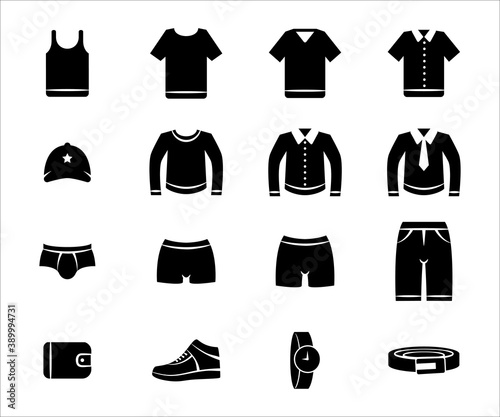 Simple Set of male men's outfit wear Related Vector icon graphic design. Contains such Icons as clothe, shirt, pant, short, underwear, button shirt, wallet, shoe, watch, and belt