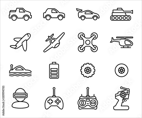 Simple Set of remote control toy Related Vector icon graphic design. Contains such Icons as remote controller, car, drone, game, buggy, helicopter, tank, airplane, plane, submarine, and bigfoot