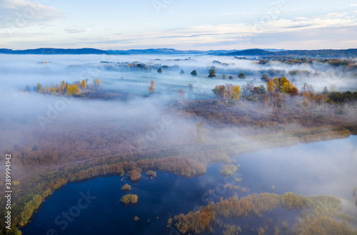 Beautiful aerial view of morning fog and sunrise in autumn forest. © Lukas Gojda