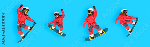 Winter leisure concept. Collage of four active jumps of a little girl on a snowboard.