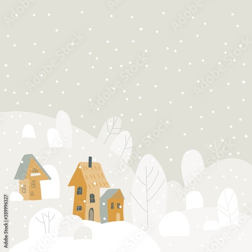 Cartoon winter landscape with cottages and trees