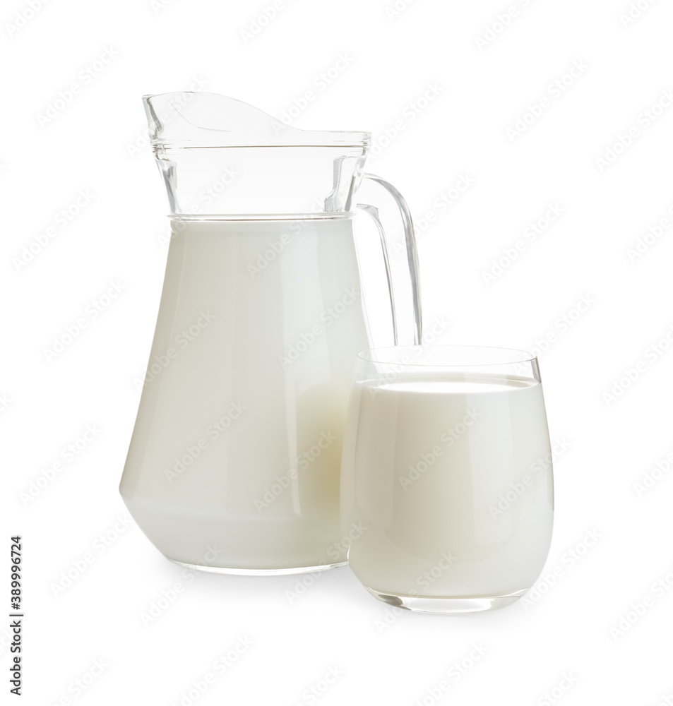 Jug and glass with fresh milk on white background Jug and glass with fresh milk on white background
