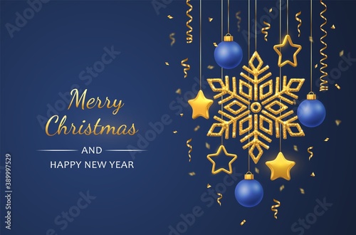 Christmas blue background with hanging shining golden snowflakes, 3D metallic stars and balls. Merry christmas greeting card. Holiday Xmas and New Year poster, web banner. Vector Illustration.