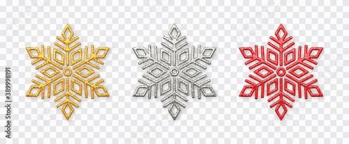 Snowflakes set. Sparkling golden, silver and red snowflakes with glitter texture isolated on transparent background. Christmas decoration. Vector illustration.
