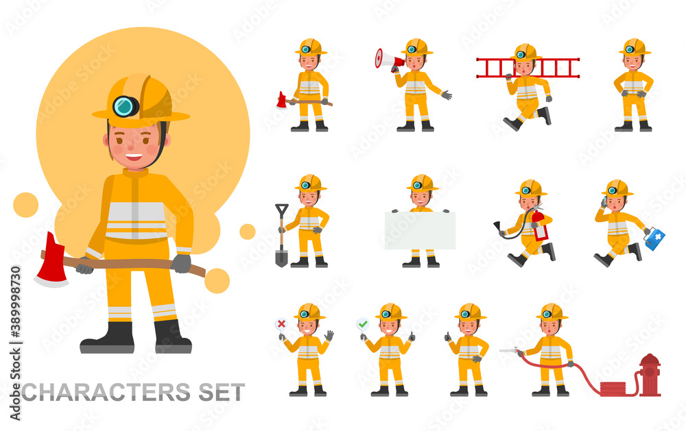 Set of girl kid Firefighter character vector design. Presentation in various action with emotions, running, standing and walking.