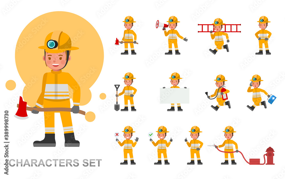 Set of girl kid Firefighter character vector design. Presentation in various action with emotions, running, standing and walking. Set of girl kid Firefighter character vector design. Presentation in various action with emotions, running, standing and walking.