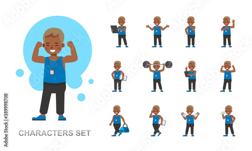 Set of Fitness trainer kid boy character vector design. Man dressed in sports clothes. Presentation in various action with emotions, running, standing and walking.