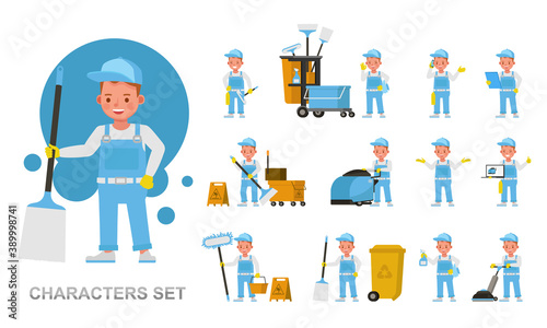 Set of Janitor kid boy working character vector design. Presentation in various action with emotions, running, standing and walking. © yindee