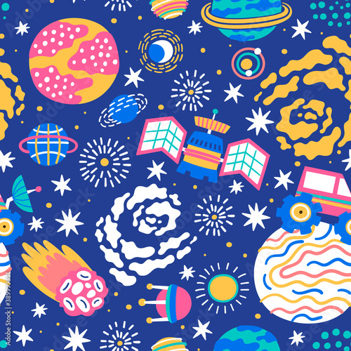 Seamless space pattern. Great for fabric, textile, wrapping paper. Vector Illustration