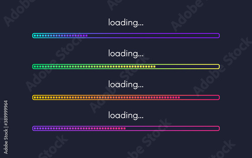 Loading bar set. Progress icons visualization. Loading status collection. Color bright lines. Gradient web design elements on dark backdrop. Vector illustration