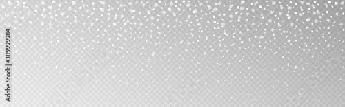 Snow realistic wide texture. Christmas falling snowflakes on transparent backdrop. Falling white flakes. Defocused snow template. Winter effect with snowstorm. Vector illustration