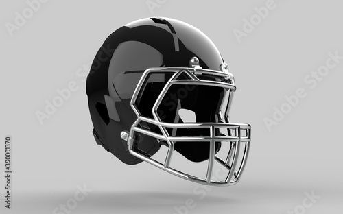 Sample American football black helmet Perspective view Sport equipment 3D render Illustration Isolated on grey background.