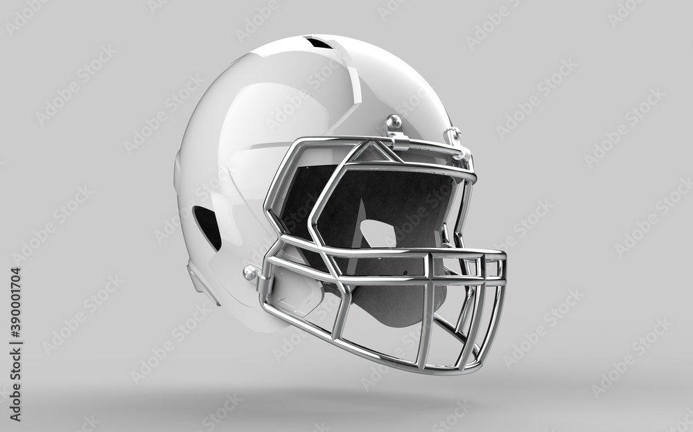 Fototapeta premium Sample American football white helmet Perspective view Sport equipment 3D render Illustration Isolated on grey background.