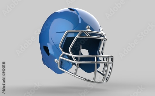 Sample American football Metallic blue  helmet Perspective view Sport equipment 3D render Illustration Isolated on grey background.