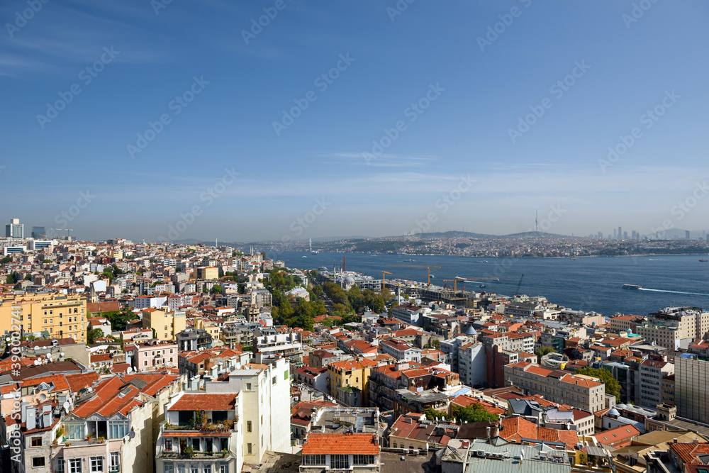 Skyline of Istanbul, as seen from Galata Tower. City of Istanbul, Turkey.