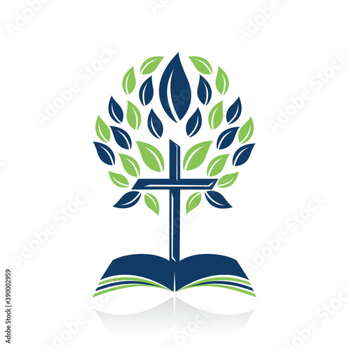 Bible Cross Tree Logo Design. Christian Church Tree Cross  Vector Template Design.