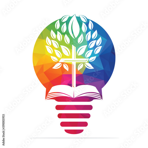 Bulb Lamp Cross Tree On Bible Logo Design. Bulb Christian Church Tree Cross  Vector Template Design.