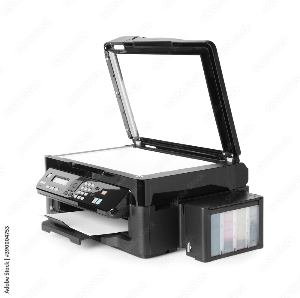 New open multifunction printer isolated on white New open multifunction printer isolated on white