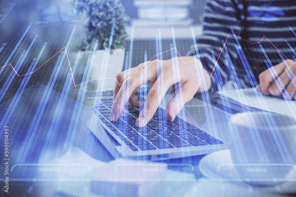 Double exposure of woman hands typing on computer and forex chart hologram drawing. Stock market invest concept. Double exposure of woman hands typing on computer and forex chart hologram drawing. Stock market invest concept.