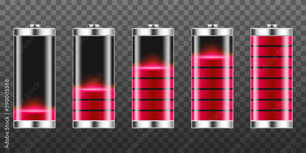 Set of battery charge indicators with low and high energy levels Set of battery charge indicators with low and high energy levels