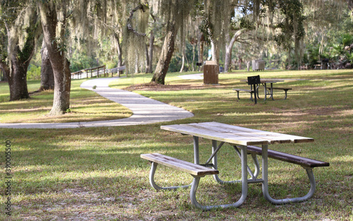 FRUITLAND PARK, FLORIDA, UNITED STATES - Oct 22, 2018: Lake Griffin State Park trees and benches photo