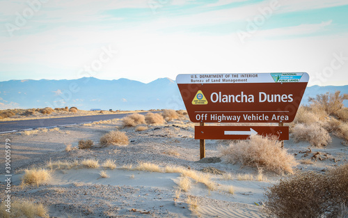 OLANCHA, CALIFORNIA, UNITED STATES - Dec 19, 2018: Olancha Dunes Off Highway Vehicle Area sign photo