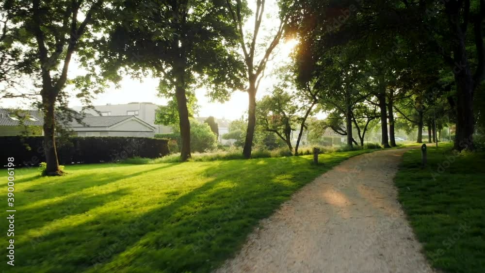 Push in towards warm sunlight breaking through trees alongside pathway behind residential property Push in towards warm sunlight breaking through trees alongside pathway behind residential property