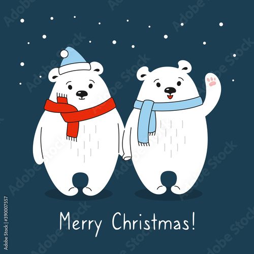 Cartoon couple polar bears with scarf. Greeting Christmas card. New Year animal mammal. Hand drawn doodle cute bear, santa hat. Funny charcter winter vector celebrate